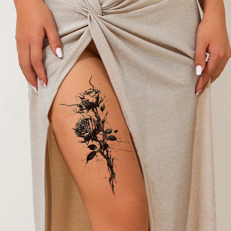 Blue Rose Leg Temporary Tattoo Stickers – Realistic & Colorful Temporary Tattoo Sticker Qme