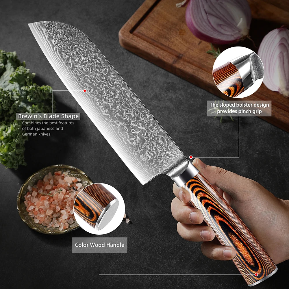 XITUO Damascus Steel Kitchen Knife Set – Colored Wood Handle Kitchen Knife Set Qst