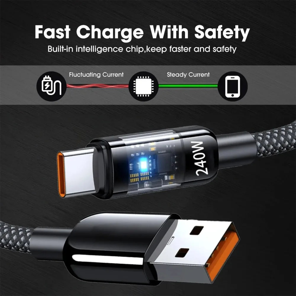 USB-C 240W 10A Fast Charging Cable with LED Light | QC3.0 USB-C Charging Cable Qme