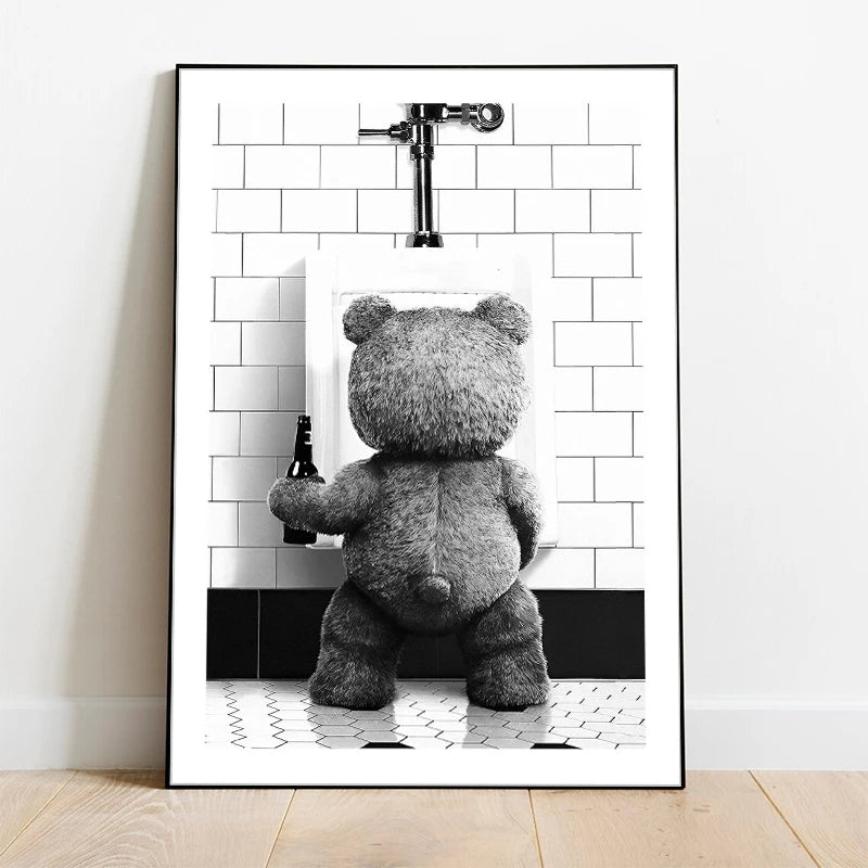 Cute Bear Canvas Wall Art – Black & White Bathroom Poster Canvas Wall Art Qst