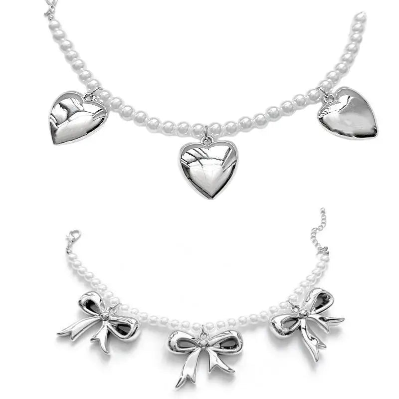 Heart Bow Charm Anklet – Pearl Beaded Trouser Chain Charm Anklet Qme