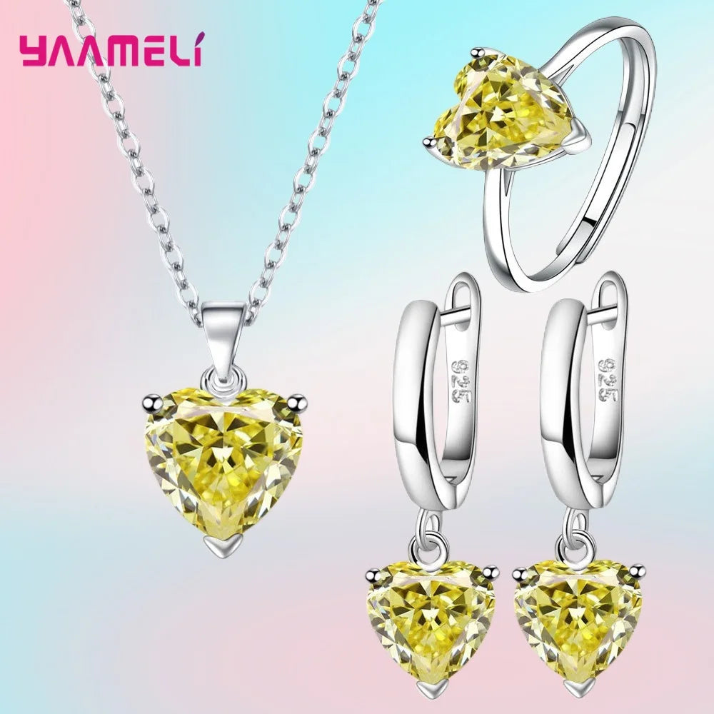 925 Sterling Silver Heart Jewelry Set – Necklace, Earrings & Ring Silver Jewelry Set Qme Yellow