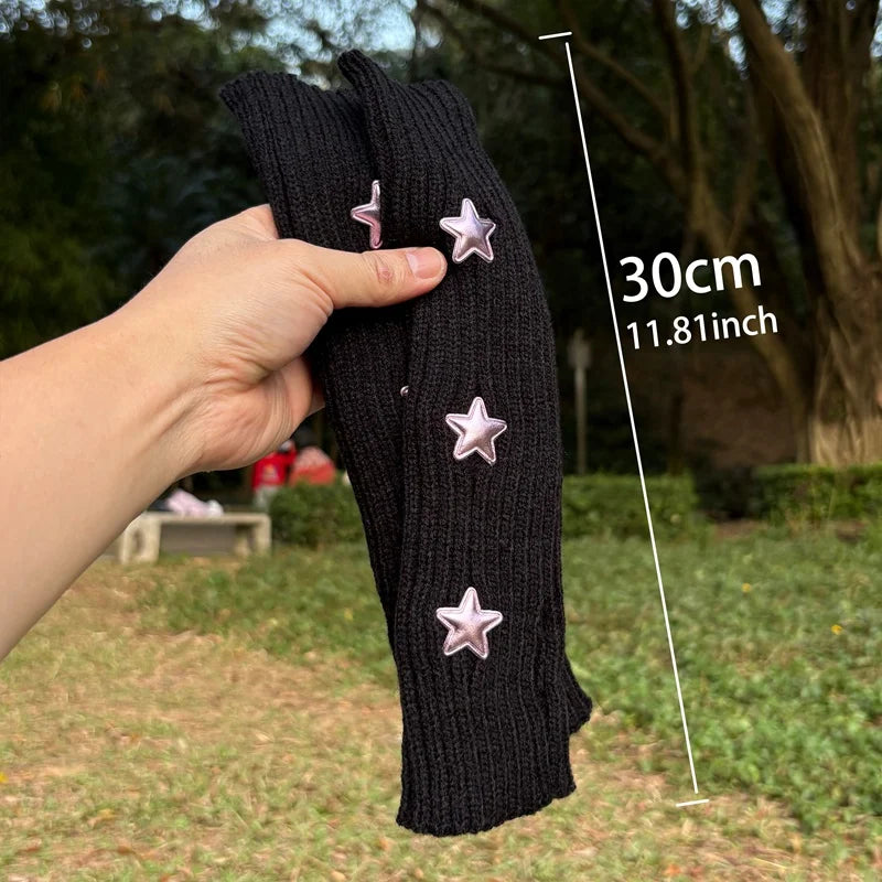 Y2K Fingerless Gloves Women Knitted Star Arm Warmers Fingerless Arm Warmers Qme 30cm black