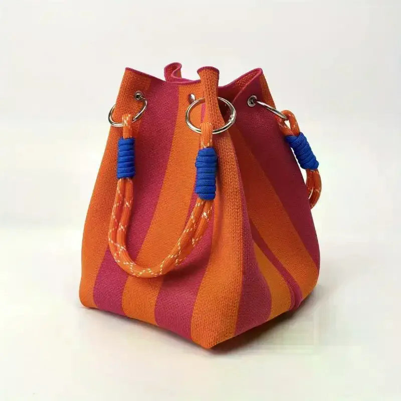 Multi-Color Knitted Retro Bucket Handbag | Color-Block Bag Knitted Bucket Handbag Qme