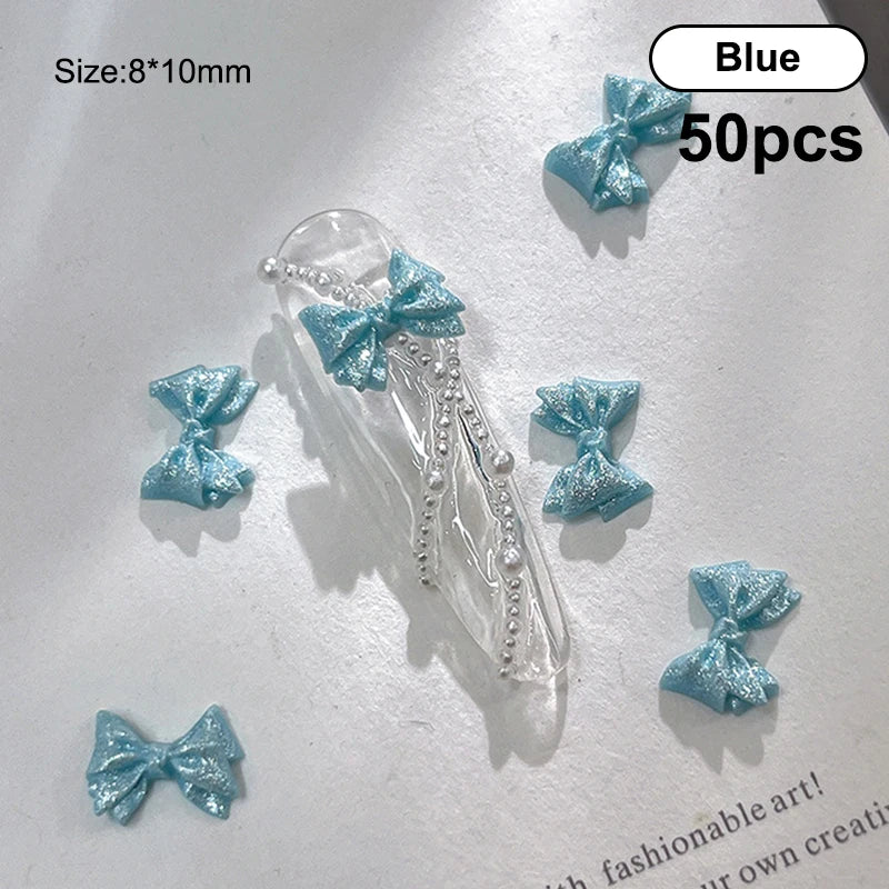 50PCS 3D Bow Nail Art Charms – Kawaii Pearlescent Resin Decor Nail Art Charms Qst Blue