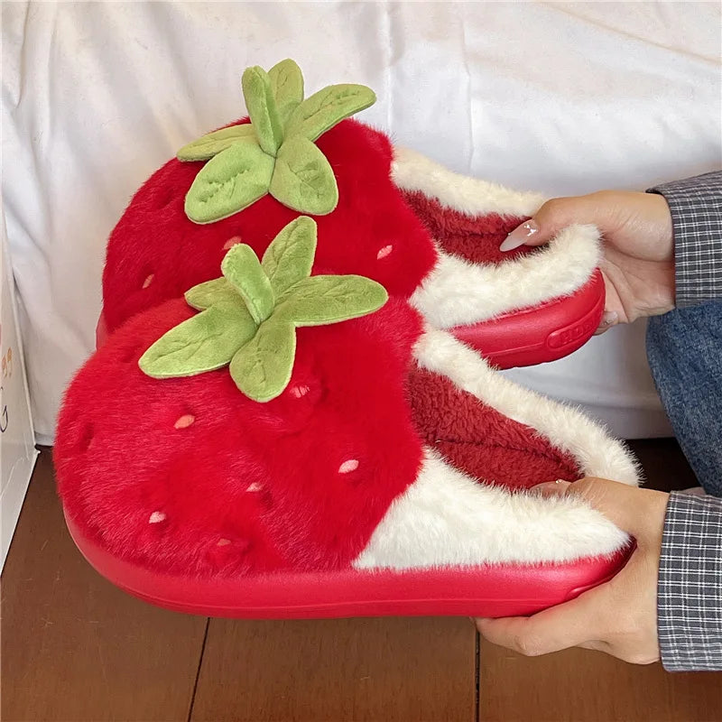 3D Strawberry Fluffy Plush Slippers – Women's Cozy Winter Slides Plush House Slippers Qst Red 36-37
