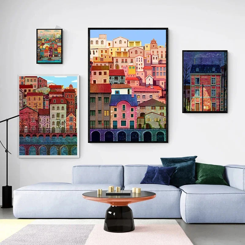 Colorful City Landscape Nordic Canvas Wall Art Print | No Frame Canvas Wall Art Qst