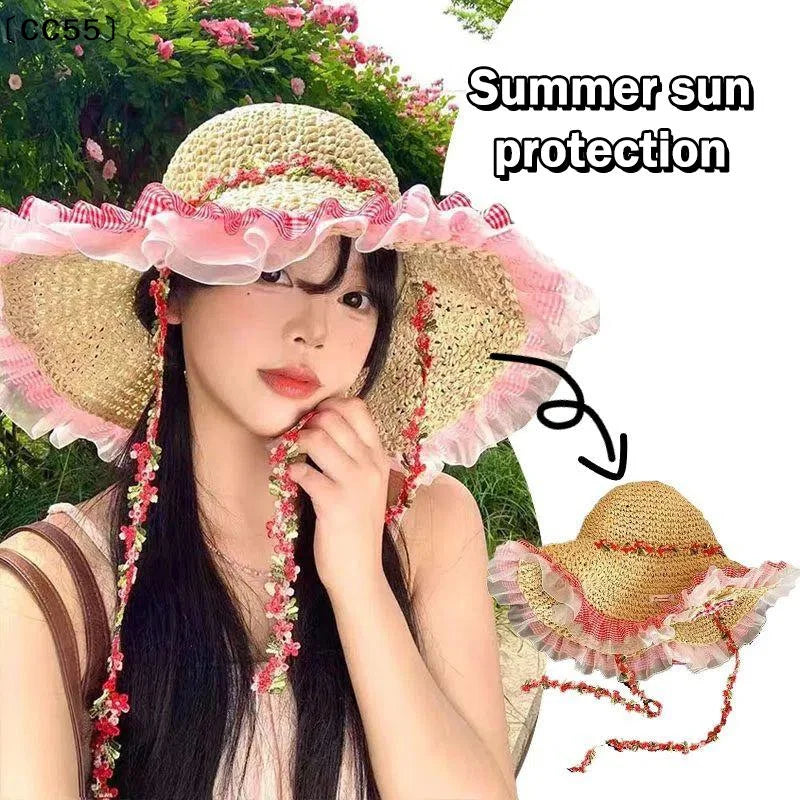 Korean Floral Bow Straw Hat – Women's Wide Brim Beach Sun Hat Straw Sun Hat Qst