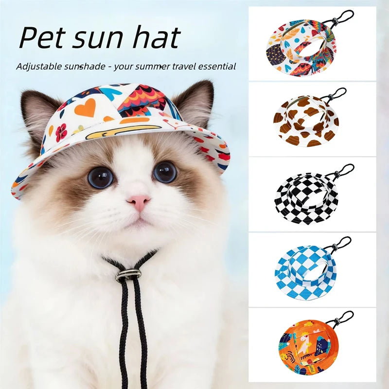 Adjustable Dog & Cat Sun Hat with Ear Holes – Cute Print Cap Pet Hat Qst
