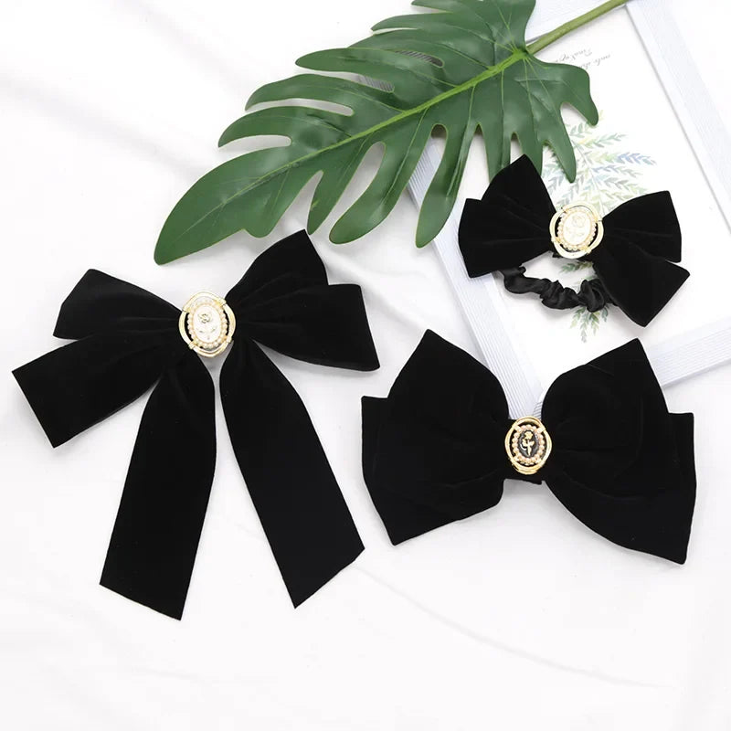 Black Velvet Bow Hairpin with Fabric Roses | Girls & Women Velvet Bow Hair Clip Qme