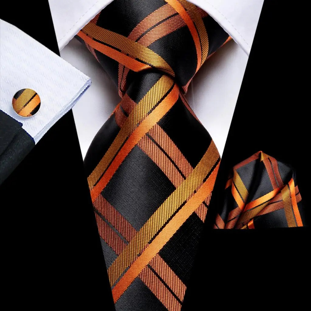 Hi-Tie Gold Yellow Necktie Pocket Square & Cufflinks Set Necktie & Cufflinks Set Qme 0344