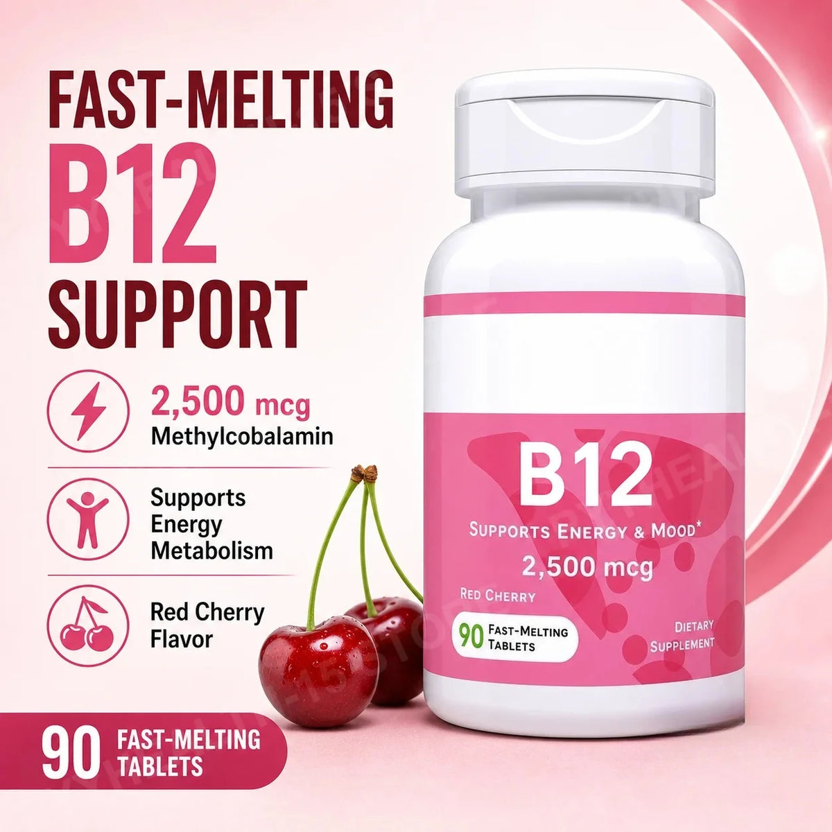 Vitamin B12 2500mcg Fast Dissolve Tablets – Cherry, 90 Count Vitamin Supplement Qst