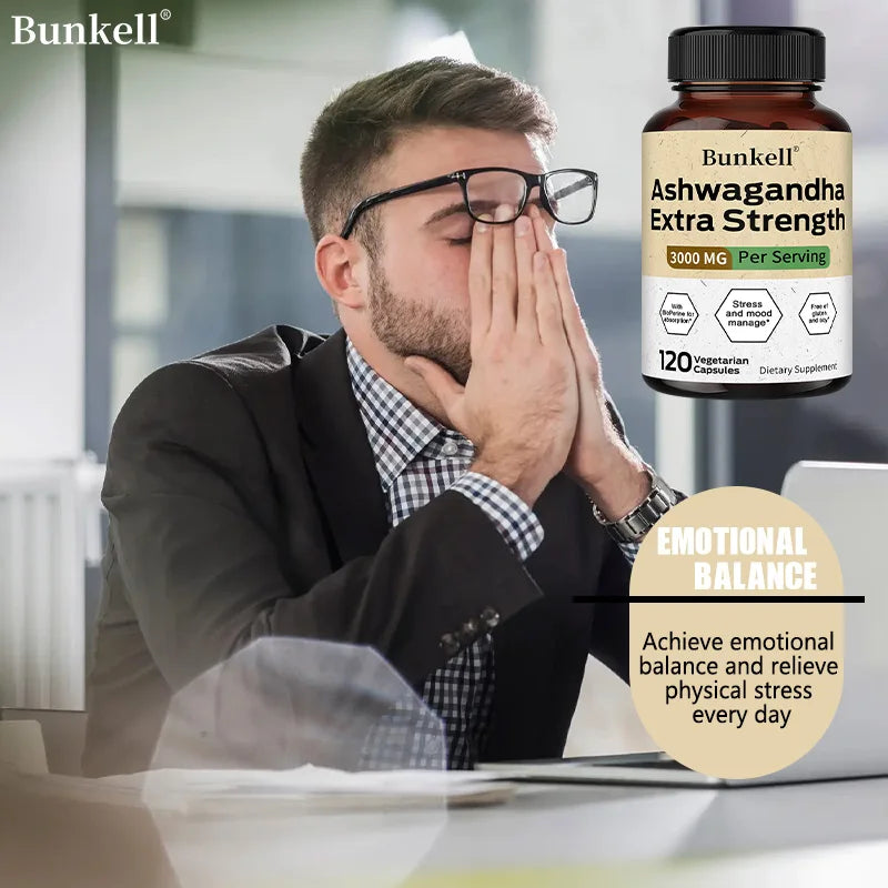 Organic Ashwagandha 3000mg + BioPerine Capsules | Bunkell Herbal Supplement Qst