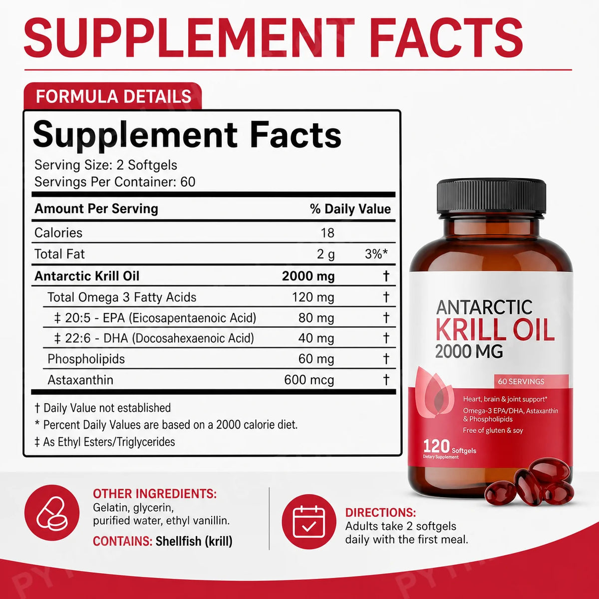 Antarctic Krill Oil 2000mg Omega-3 EPA DHA Astaxanthin 120 Softgels Krill Oil Supplement Qst