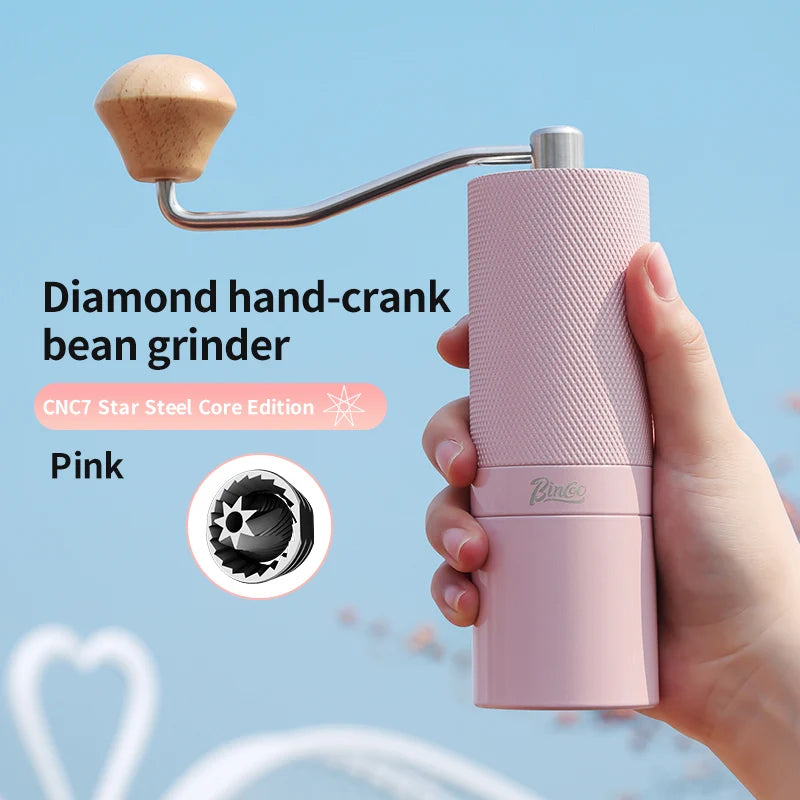 Bincoo Diamond Pattern Manual Coffee Grinder – Steel Burr Mill Manual Coffee Grinder Qst Pink-7 star