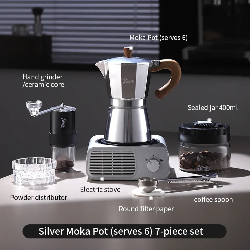 BINCOO Moka Pot Kit – Electric Heater & Manual Grinder Moka Pot Bundle Qst 7pcs Set A-6cups