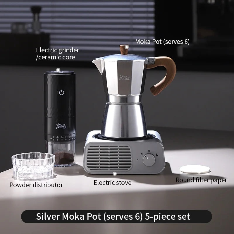 BINCOO Moka Pot Kit – Electric Heater & Manual Grinder Moka Pot Bundle Qst 5pcs Set B-6cups