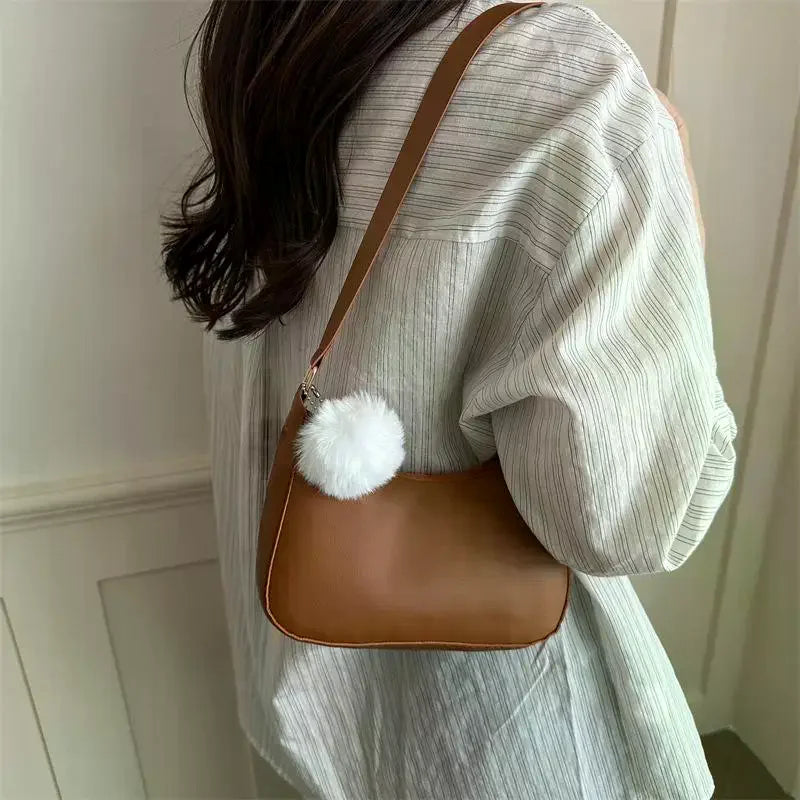 Small Square Shoulder Bag with Pom-Pom Charm | 6 Colors Mini Shoulder Bag Qme