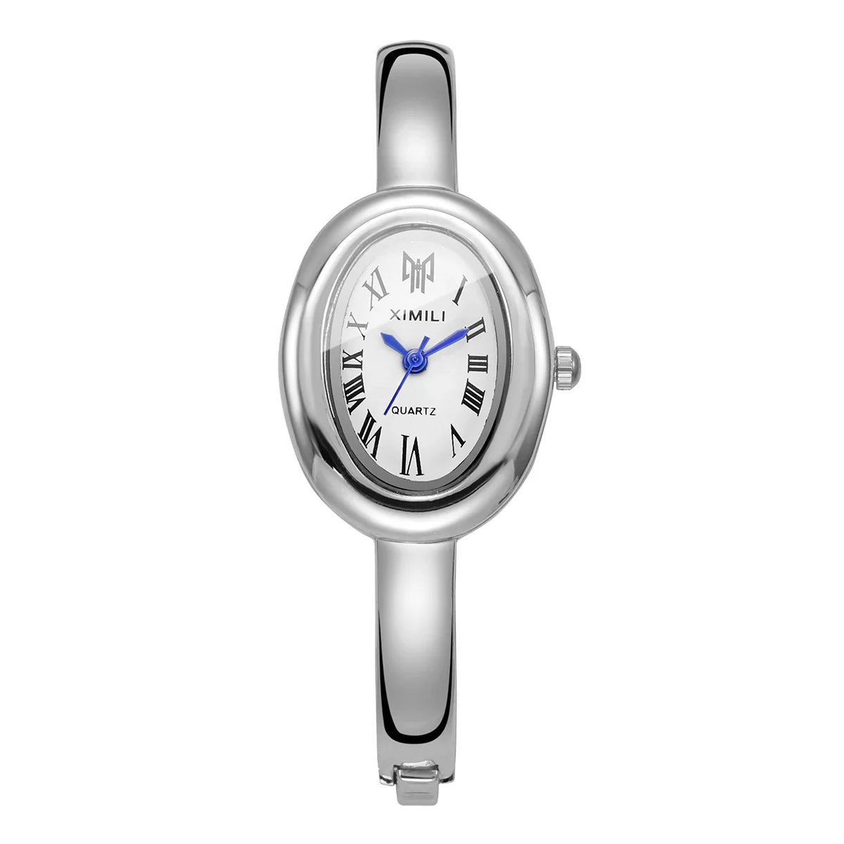 Minimalist Gold Bangle Ladies Watch | Oval Dial Roman Numerals Bangle Ladies Watch Qme Silver White