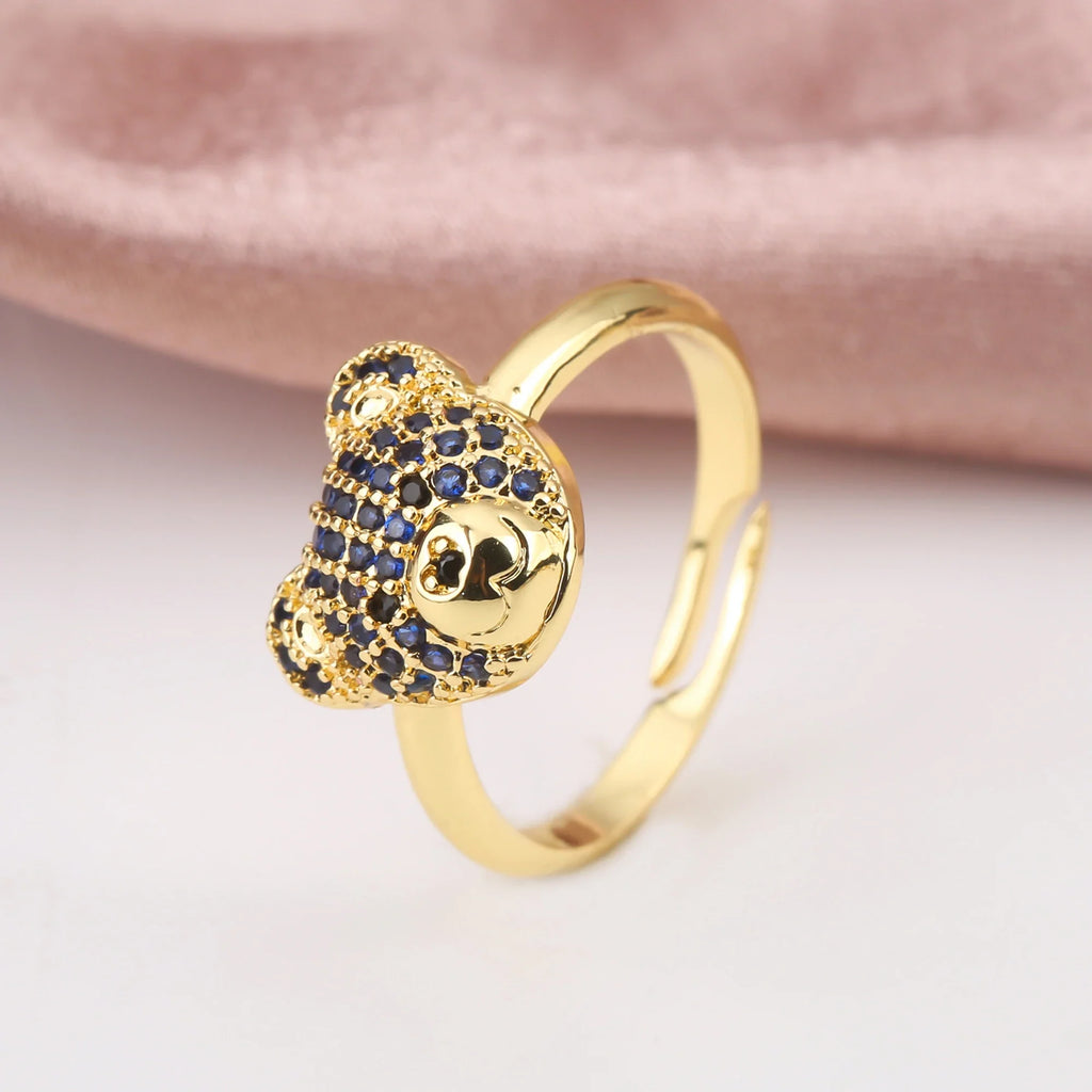 Cubic Zirconia Bear Ring | Gold Plated Adjustable Animal Ring Fashion Ring Qme Dark Blue resizable