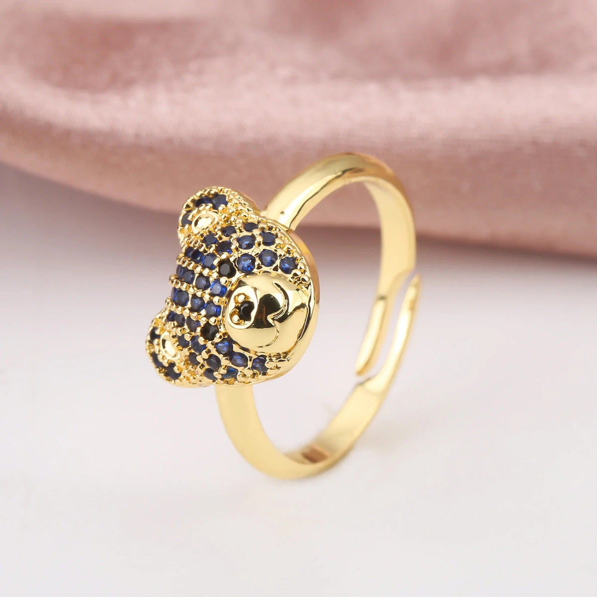 Cubic Zirconia Bear Ring | Gold Plated Adjustable Animal Ring Fashion Ring Qme Dark Blue resizable