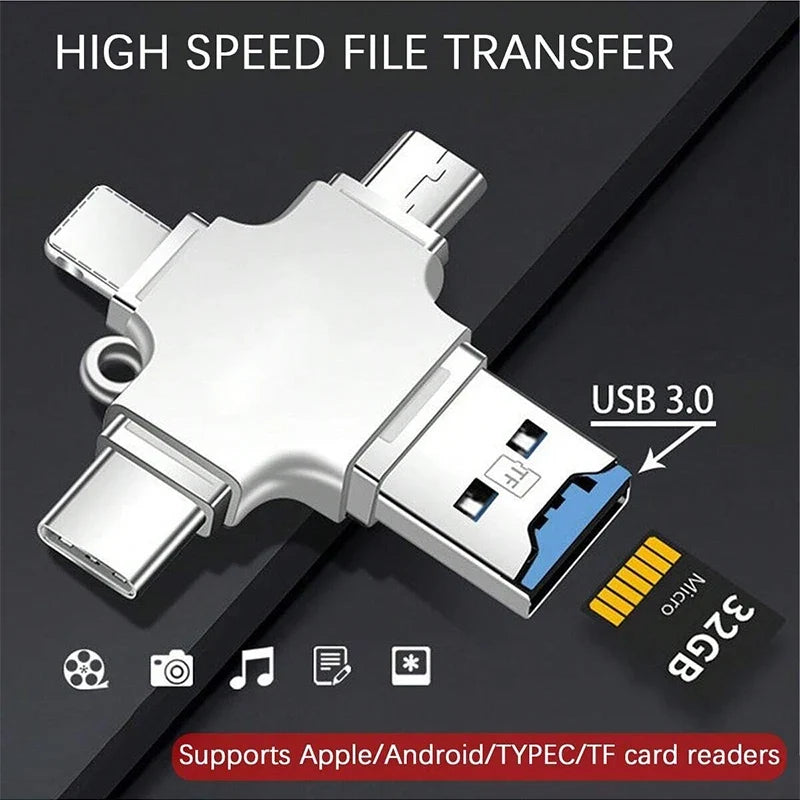 4-in-1 Card Reader USB-C OTG Adapter for iPhone & Laptop OTG Card Reader Adapter Qme Silver