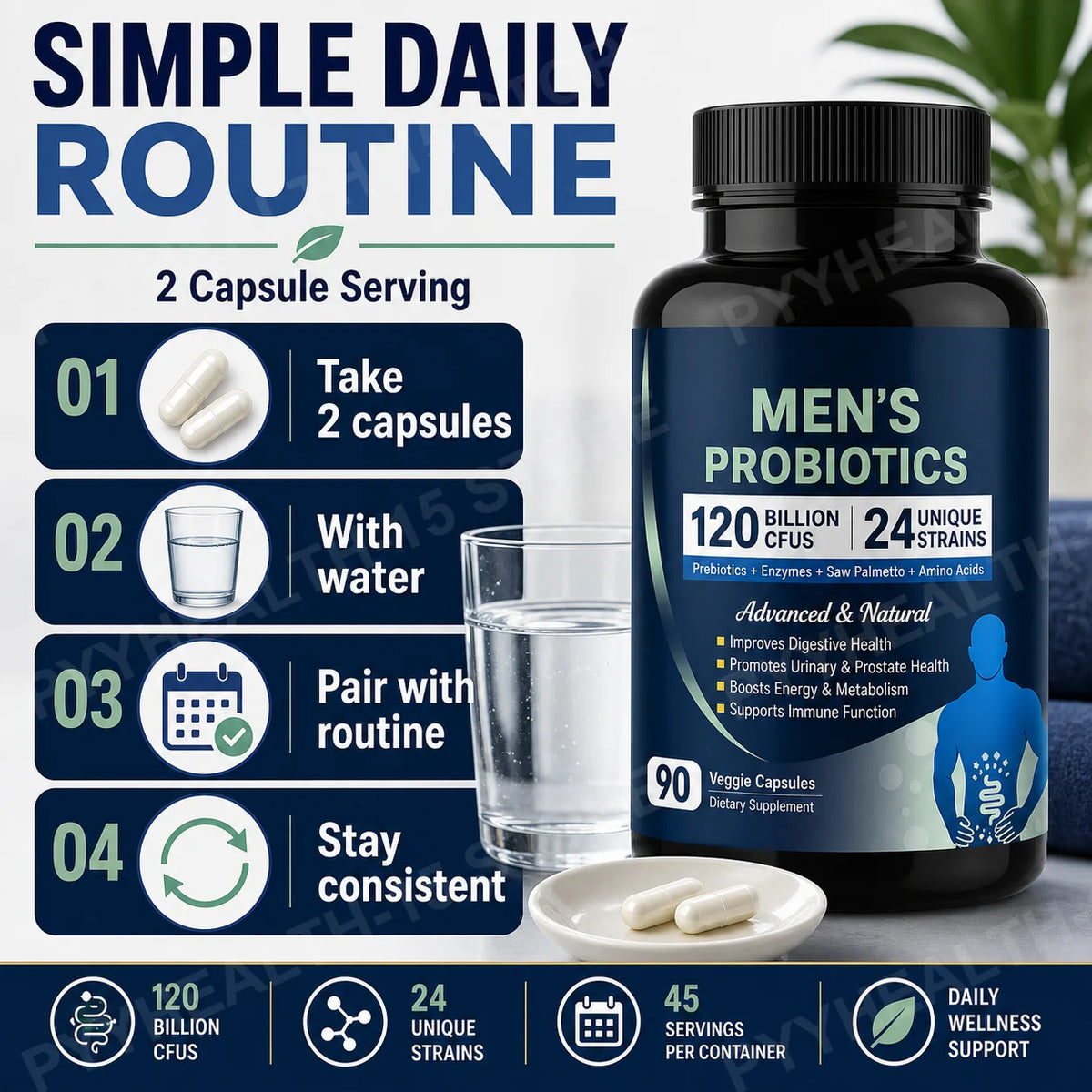 Probiotics for Men 120B CFUs 24 Strains Enzymes Prebiotics 90 Caps Probiotic Supplement Qst