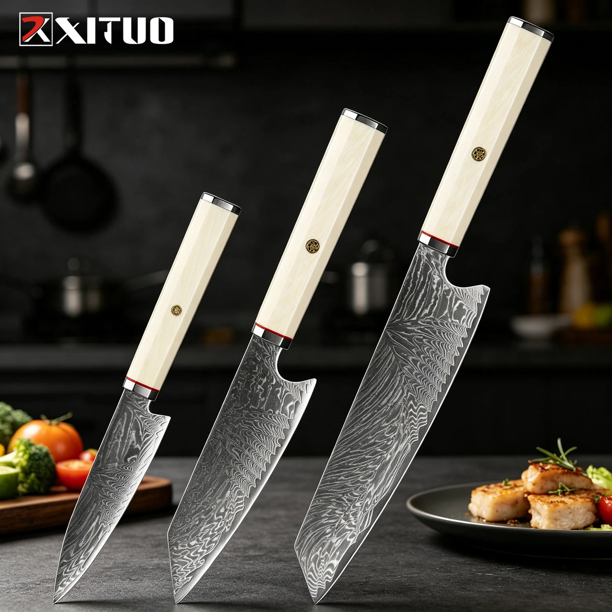 XITUO Damascus Steel Kiritsuke Knife Set – Ivory Handle Kitchen Knife Set Qst 3PC