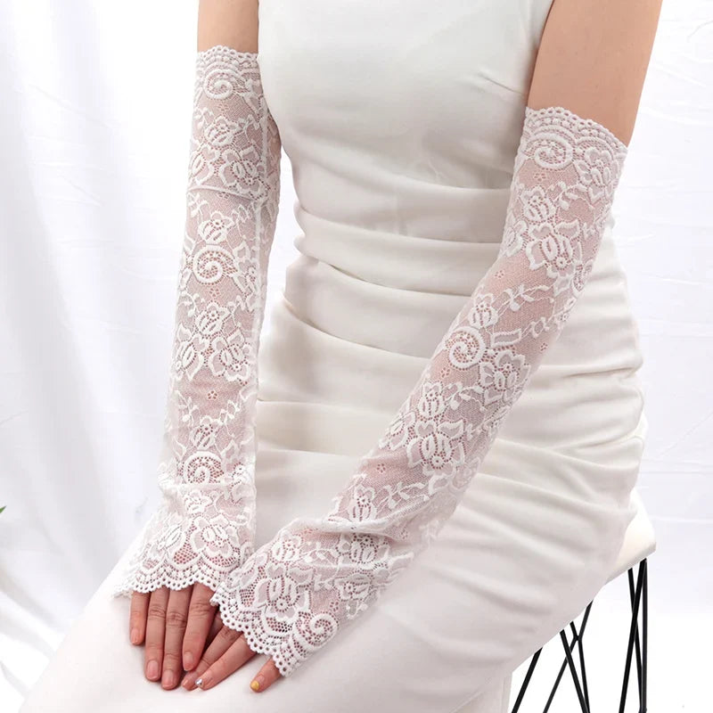 Women's Long Lace Fishnet Mesh Fingerless Gloves 47cm Fingerless Lace Gloves Qme