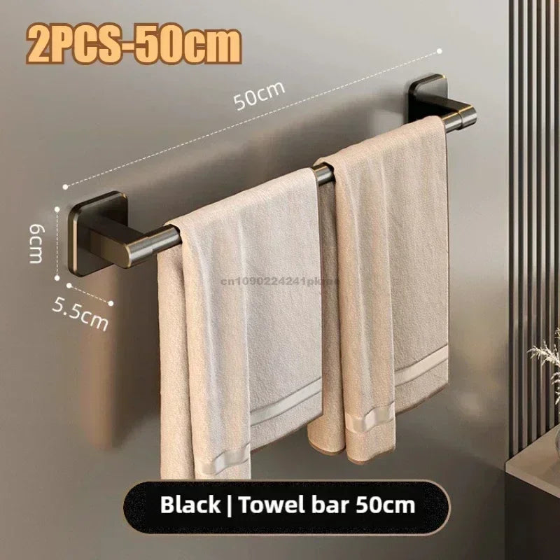 No Drill Wall Mounted Towel Rack – Aluminum Bathroom Bar Bathroom Towel Rack Qme 2PCS-Black 50CM