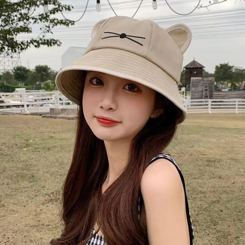 Women's Cat Ear Bucket Hat – Sun Protection Street Style Bucket Hat Qst Khaki one size