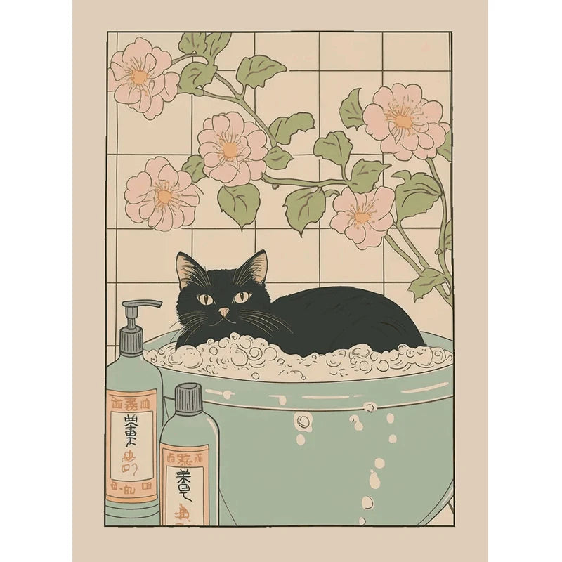 Japanese Bathroom Cute Animals Canvas Wall Art Poster Unframed