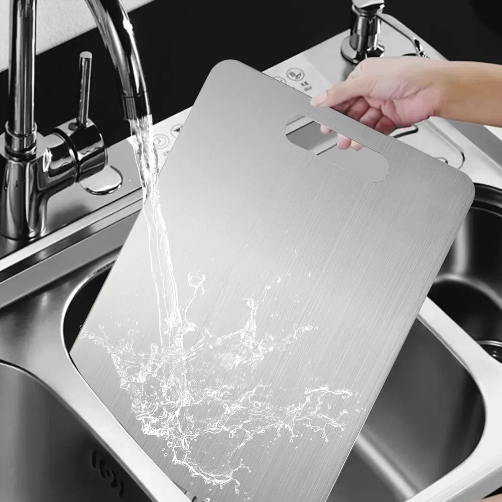Stainless Steel Cutting Board with Double-Sided Handle | Qme Stainless Steel Cutting Board Qme
