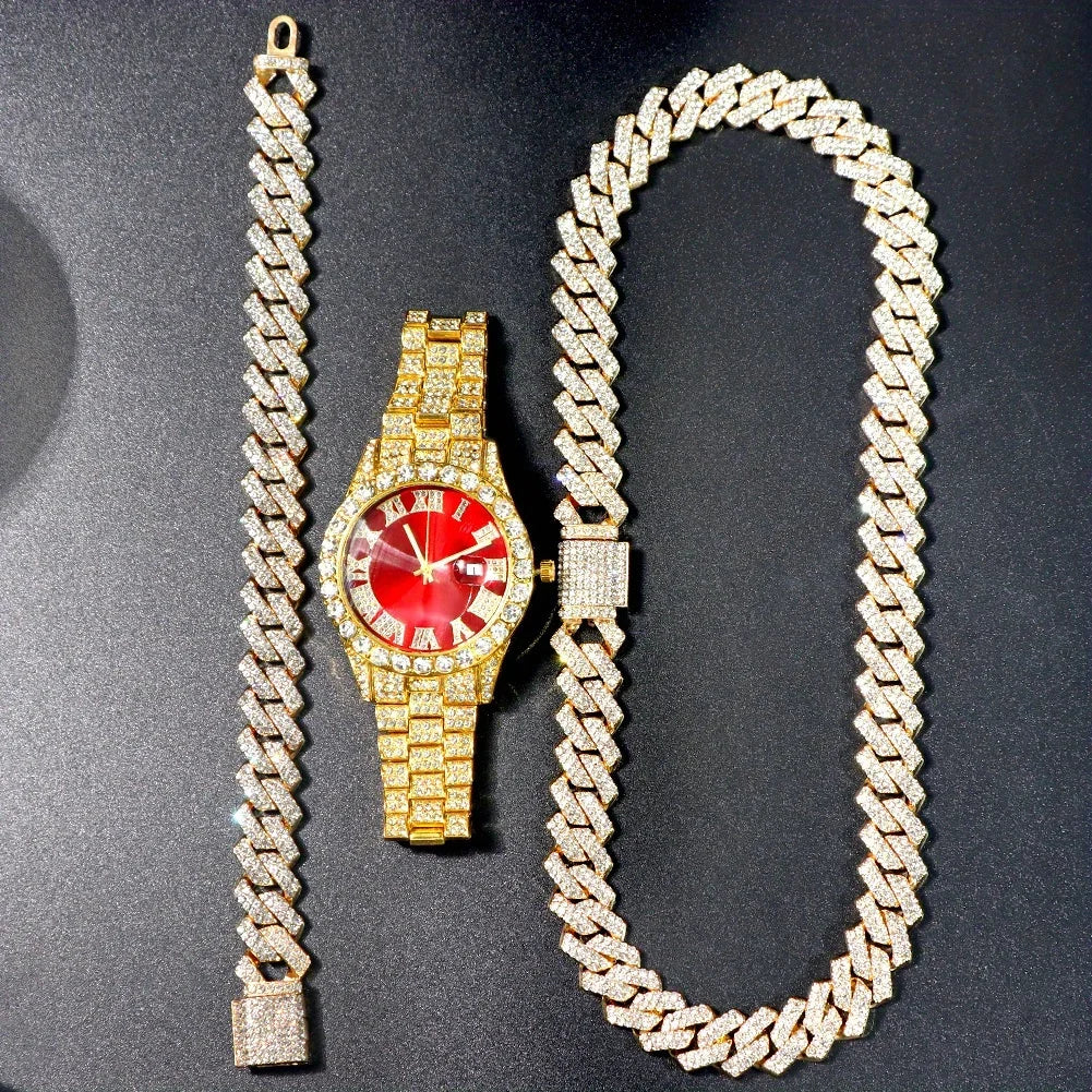 Rhinestone Hip Hop Cuban Chain Wrist Watch Set – 6 Colors Hip Hop Watch Set Qme