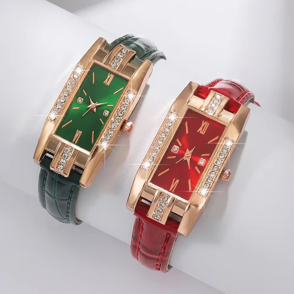 Rose Gold Diamond Encrusted Rectangular Women's Leather Watch Women's Fashion Watch Qme Multicolor