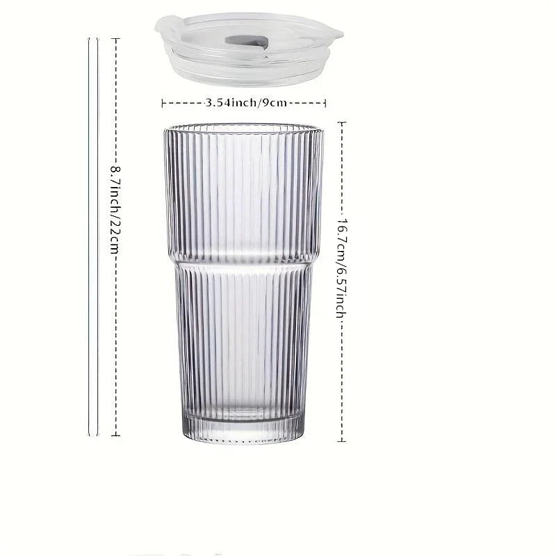 600ml Ribbed Glass Cup with Lid & Straw | Borosilicate Glass Drinkware Set Qme