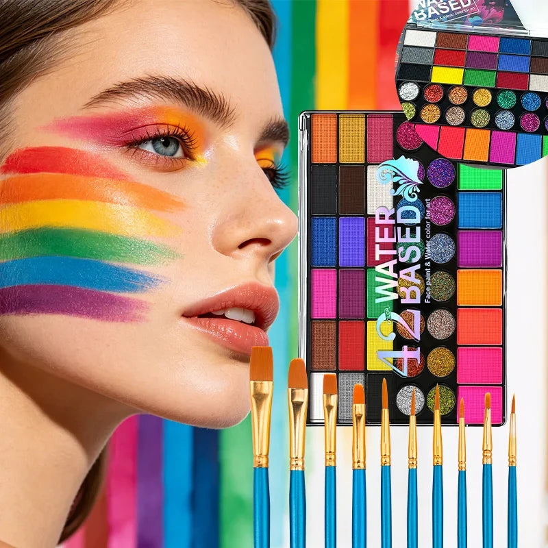 42-Color Water-Soluble Face & Body Paint Set with Brushes Face & Body Paint Kit Qme