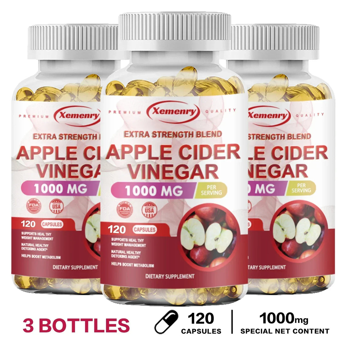 Xemenry Apple Cider Vinegar Capsules 1000mg – Weight Management Wellness Capsules Qst 120 Capsule-3bottles