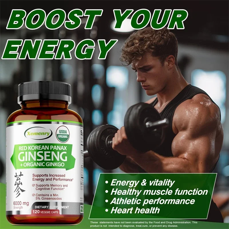 Korean Red Panax Ginseng & Ginkgo Biloba – Energy & Focus Caps Herbal Supplement Capsules Qst