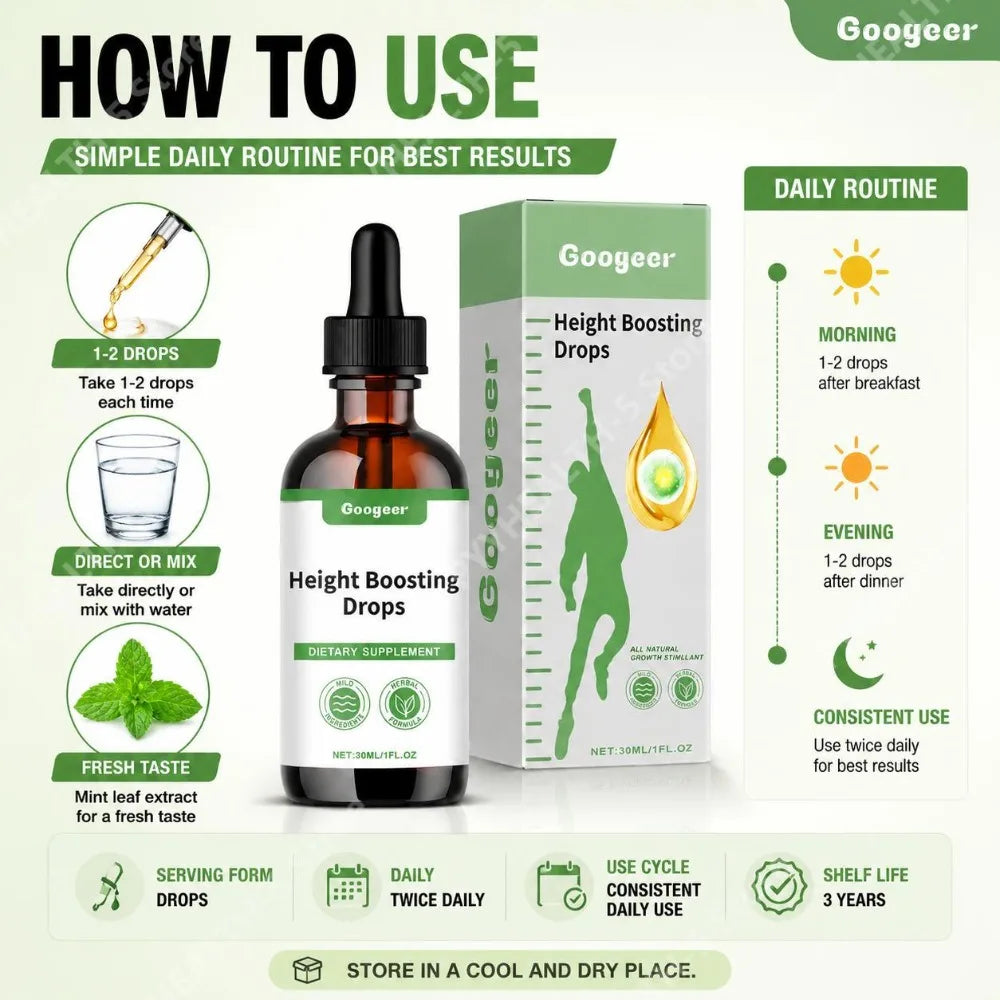 Googeer Height Drops – Vitamin B1, Gluconolactone & Mint 30ml Liquid Vitamin Drops Qst