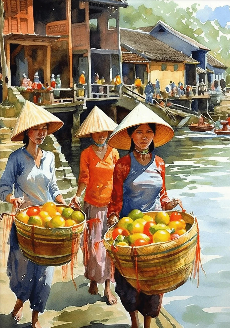Vietnamese Village Canvas Wall Art – Vintage Watercolour Print Canvas Wall Art Qst 5 20x30cm Unframed