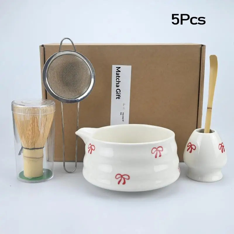 Japanese Matcha Whisk Set – Ceramic Bowl & Bamboo Tools Matcha Tea Set Qme 5Pcs