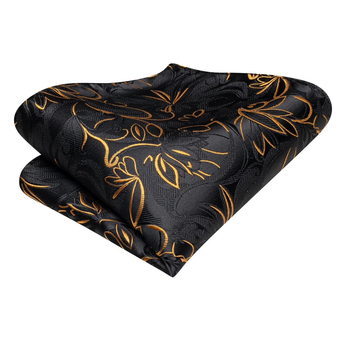 Hi-Tie Black Gold Floral Luxury Tie Set – Cufflinks & Handkerchief Luxury Necktie Set Qme