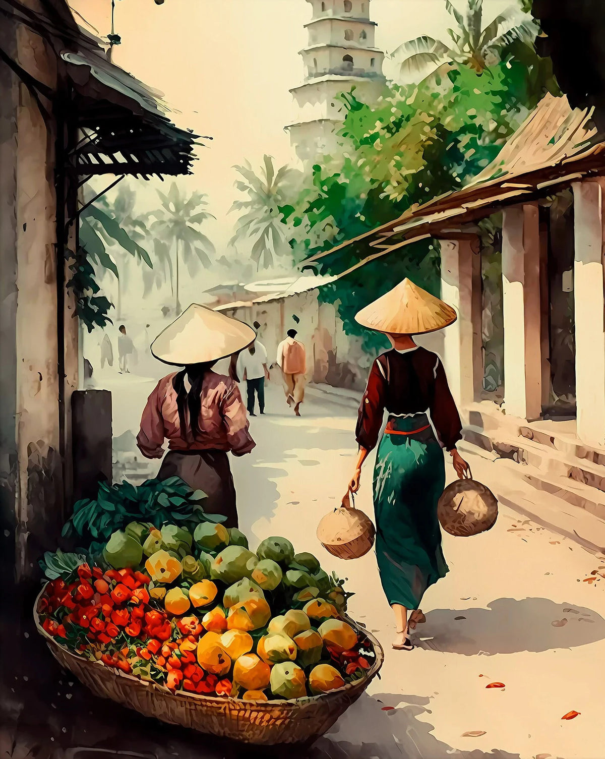 Vietnamese Village Canvas Wall Art – Vintage Watercolour Print Canvas Wall Art Qst 1 20x30cm Unframed