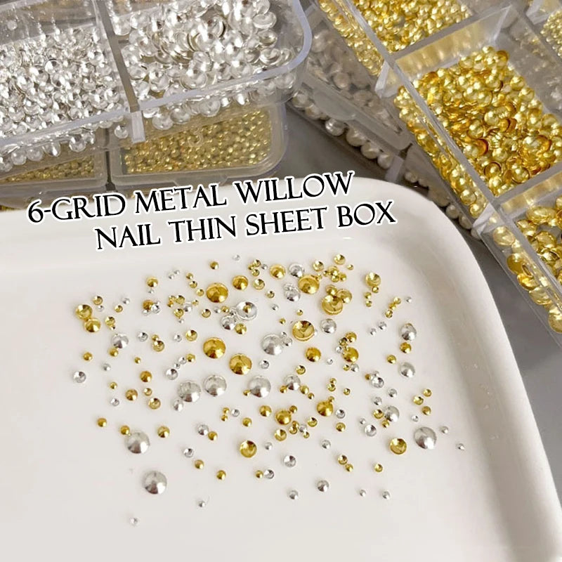 Gold Silver Half Round Rivet Nail Charms – 6-Grid Metal Beads Nail Art Charms Qst