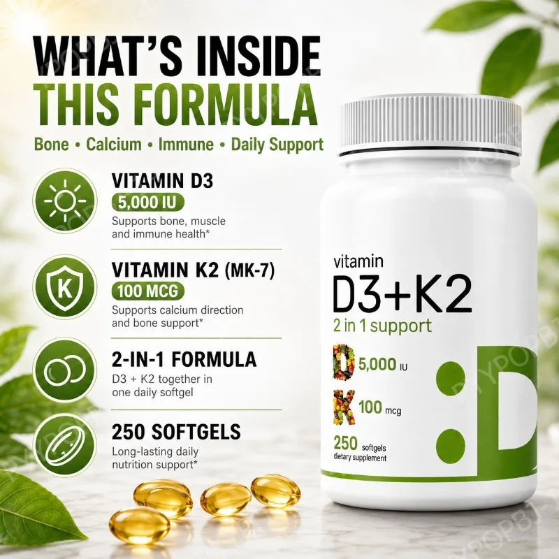 Vitamin D3+K2 Softgels 2-in-1 Non-GMO Complex – 250 Count Vitamin Supplement Qst