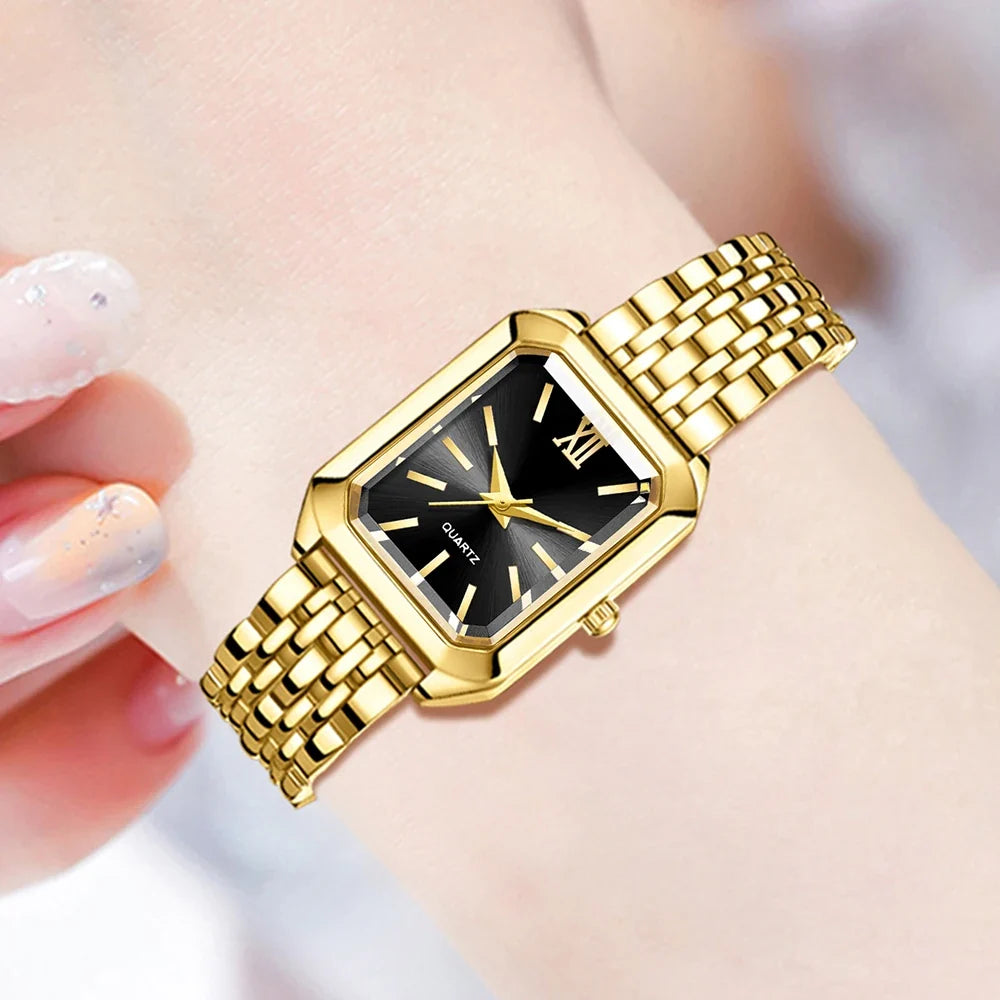 Golden Roman Square Watch & Water Drop Bracelet Set | Qme Watch & Bracelet Set Qme