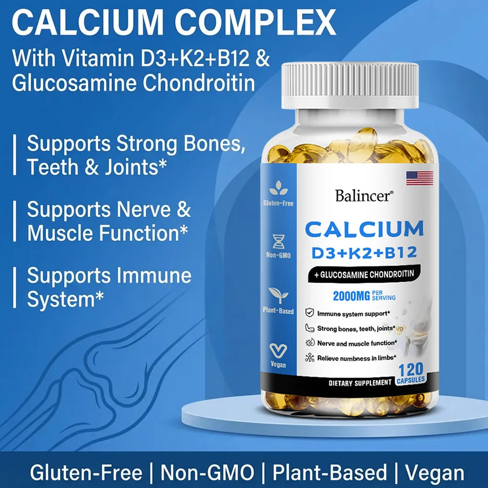 Calcium Capsules with Vitamin D3, K2 & B12 – 120 Count Vitamin Supplement Qst