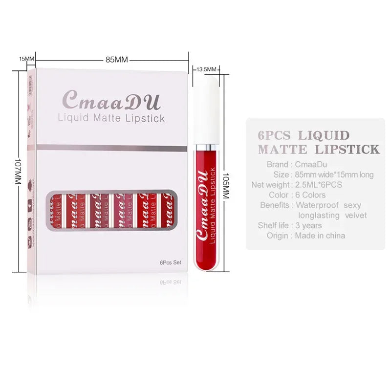 6-Color Matte Lip Gloss Set – Waterproof & Moisturizing Lipstick Matte Lip Gloss Set Qme
