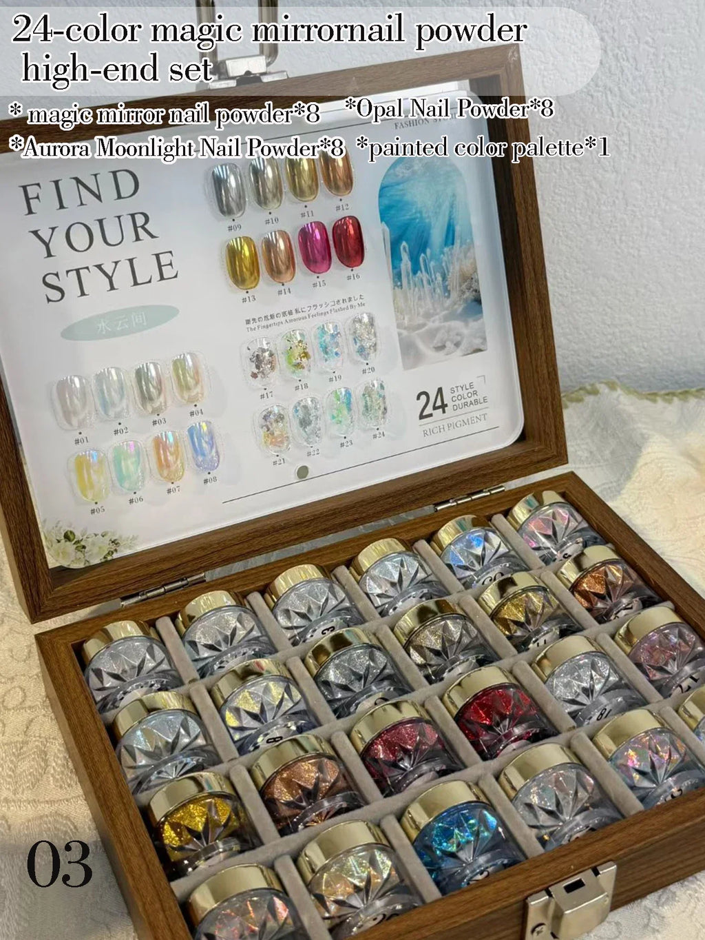 Mirror Magic Nail Art Powder Set with Storage Box – 24 Colors Nail Art Powder Set Qme